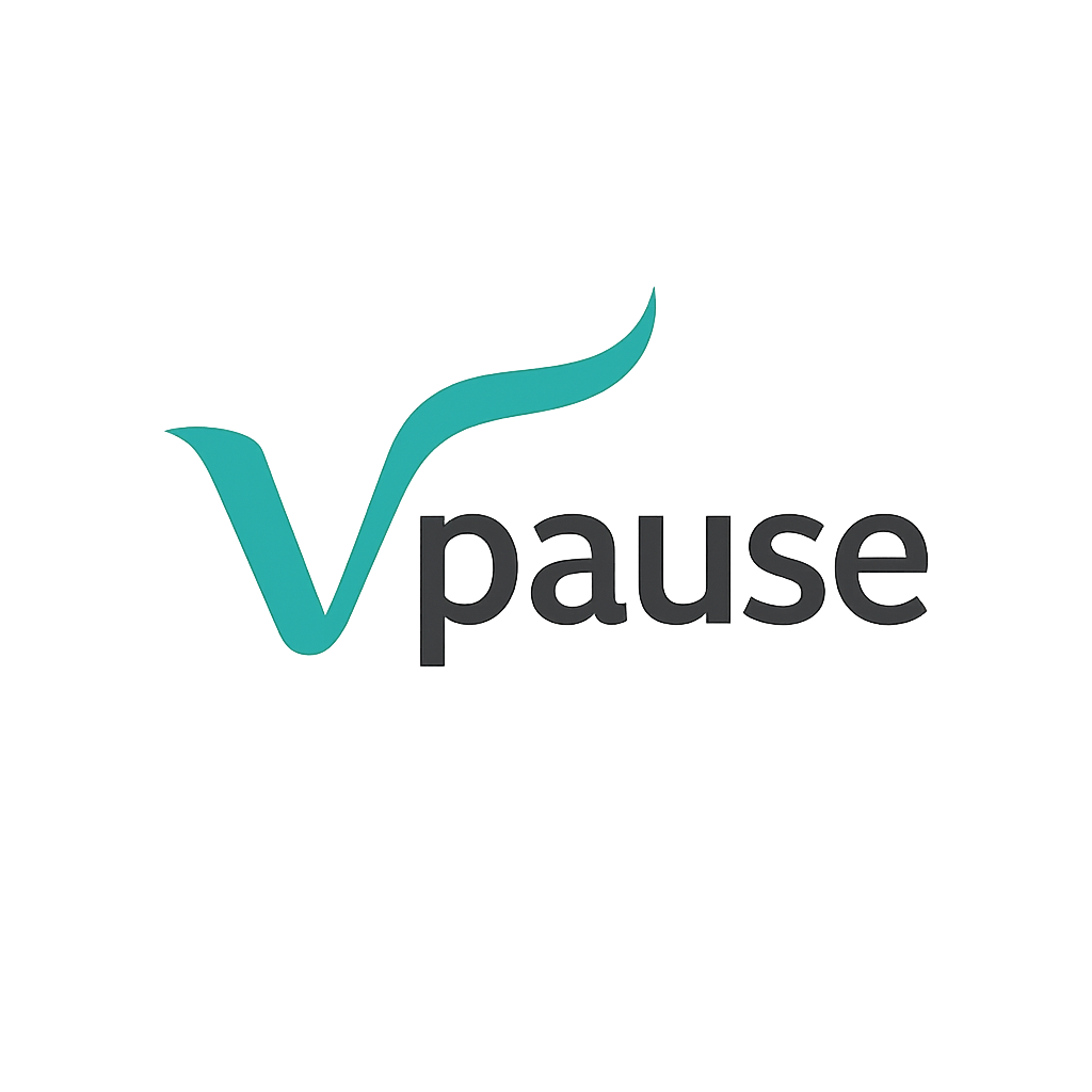 Vpause logo – minimalist design with a flowing teal "V"